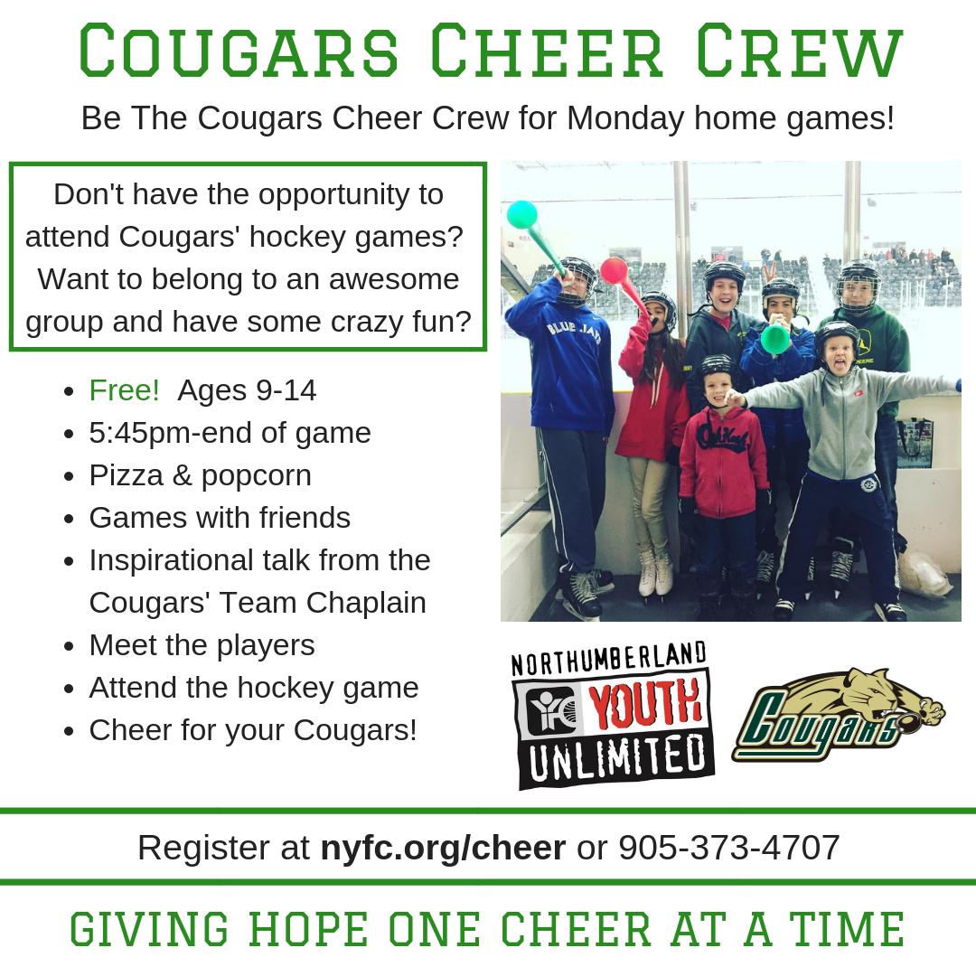 NlandYU's tweet photo. Cheer Crew starts on Monday (Oct. 7) and we have a few spots available! Sign up at https://t.co/DnZryxvtUJ! #Cobourg #CheerCrew #LetsGoCougars #EveryYouthMatters #HopeAndPotential https://t.co/MMlFzA73fW