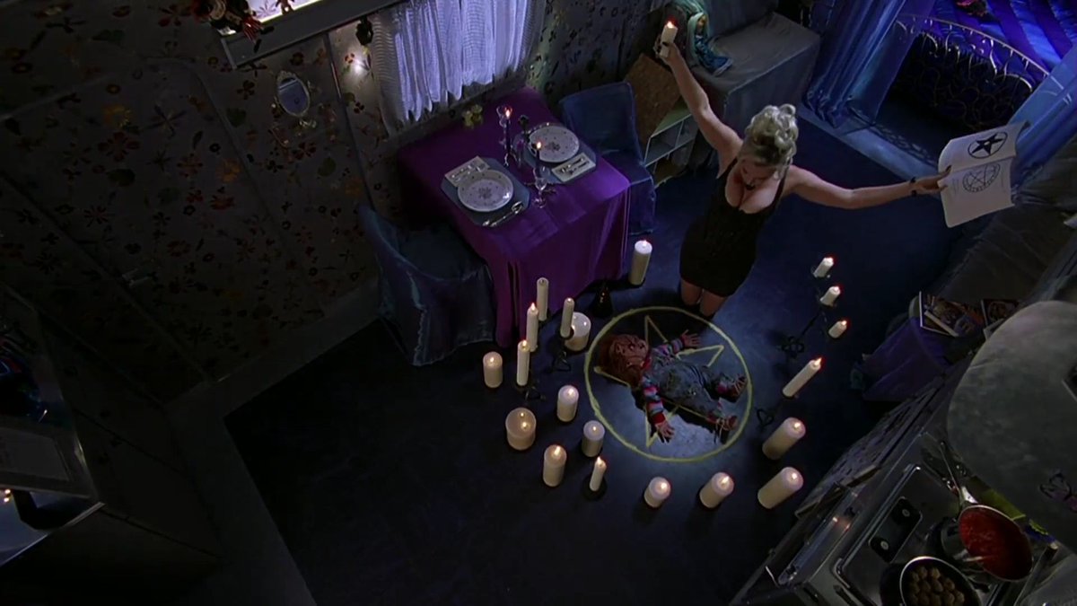 BRIDE OF CHUCKY (1998) dir. Ronny Yuslasher // Chucky's old girlfriend, Tiffany, finds the doll & brings him back to life—only to be betrayed & trapped in a doll herself. now the couple are on the hunt for human bodies to take for their own.