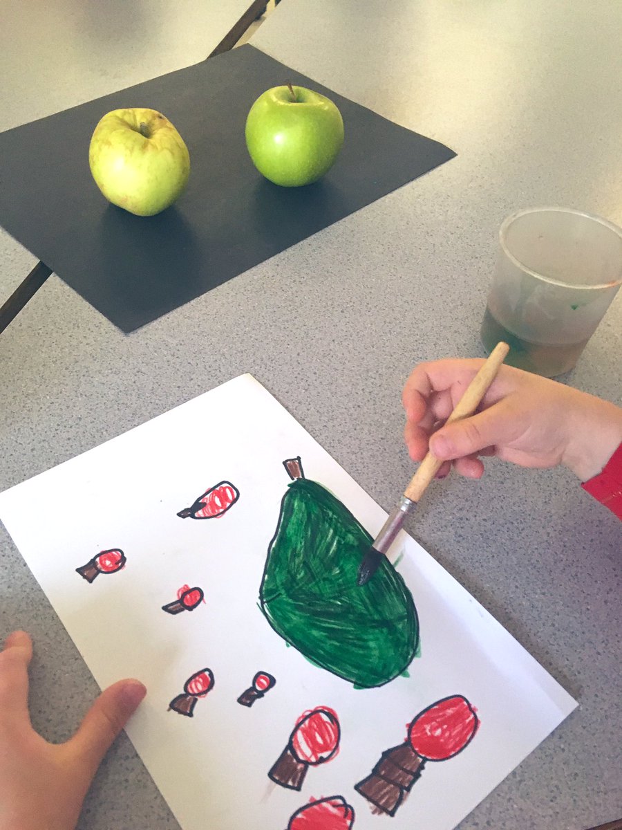 DHSCavanaugh's tweet photo. Kindergarten friends learned about Still Life Drawing.  
We use our artist eyes to look closely at the shape, size and colour of the object we are drawing 🍎 
After carefully drawing our apples, we used watercolour pencil crayons to add colour. https://t.co/JAs0bXM9Fw