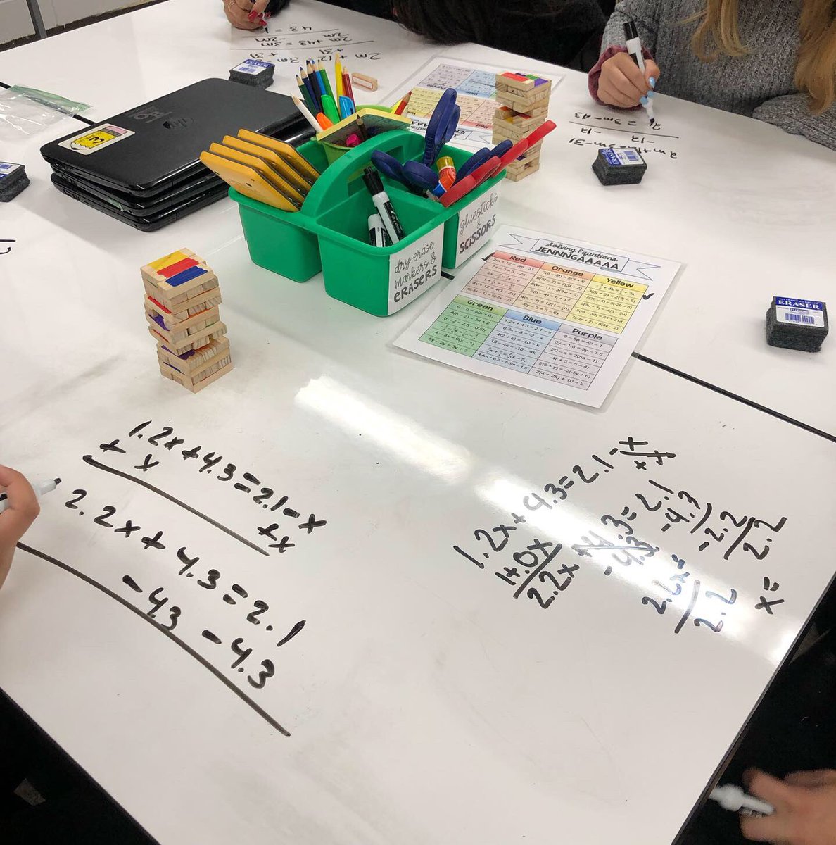 YakubovMath's tweet photo. Playing JENGA today while practicing solving equations made for an exciting review day! 💜 Blocks were color-coded to match problems on the sheet - with answers on the back.  My students had a BLAST! #OBproud #iteachmath #mtbos https://t.co/bRWPee9Xzh