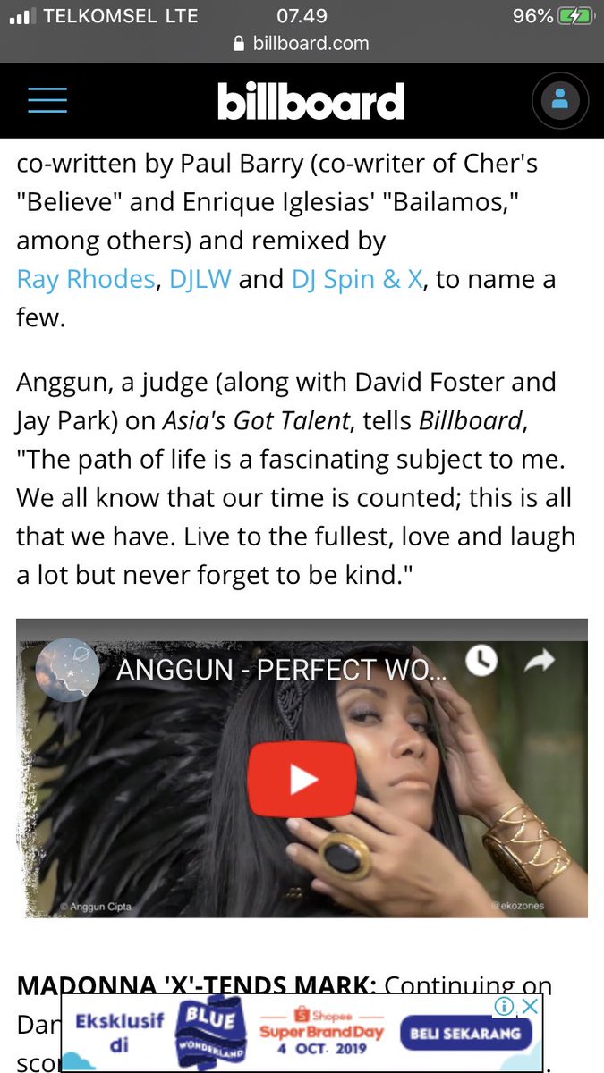Yes. Thank you <a href="/billboard/">billboard</a> 
Ulasan <a href="/Anggun_Cipta/">Anggun Official</a> “Perfect World” di Billboard untuk keberhasilannya masuk Top 10. Terima kasih Billboard.
#AnggunBillboardChart