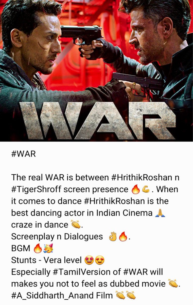 imthiboss's tweet photo. @iTIGERSHROFF @iHrithik both nailed it in #WAR
Action sequences are wow factors in film. The Real #WAR is between #HrithikvsTiger in Screen Presence🔥🔥. @Vaaniofficial beauty delievers her role better &amp; neat. Screenplay of #SiddharthAnand sir 🙏🙏 #BlockbusterWAR https://t.co/gQf5tYpqsx
