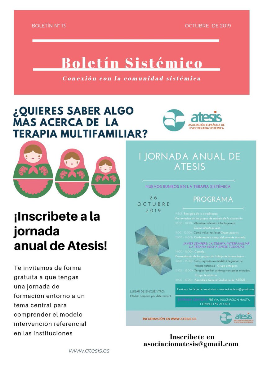 A_Atesis's tweet photo. ¿Quieres conocer más acerca de la #terapiamultifamiliar? En nuestra I Jornada podremos conocer más sobre el tema gracias a la #conferencia que realizará Javier Sempere.
Además, cada grupo de trabajo mostrará la labor que se está haciendo.
Inscríbete: asociacionatesis@gmail.com https://t.co/LXfeOo1rBw