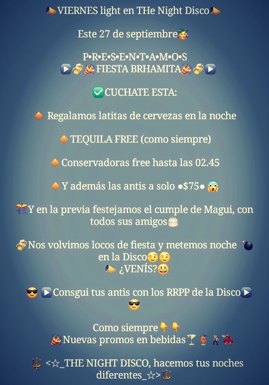 The_Night_Disco's tweet photo. Viernes 27 noche #Brahmita
Regalamos latitas en la noche
Tequila free en la noche
Conservadoras hasta las 2:45

Anticipadas a solo $75
Festejamos el cumple de magui con sus amigos!!! https://t.co/xVXgsTvSLr
