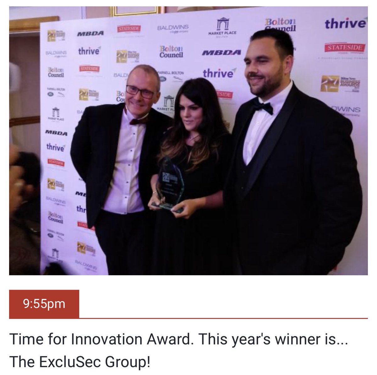 BoltonPride's tweet photo. Congratulations @ExcluSec winners of the Innovation Award #boltonbusinessawards2019 https://t.co/Hfq5vnFQyS