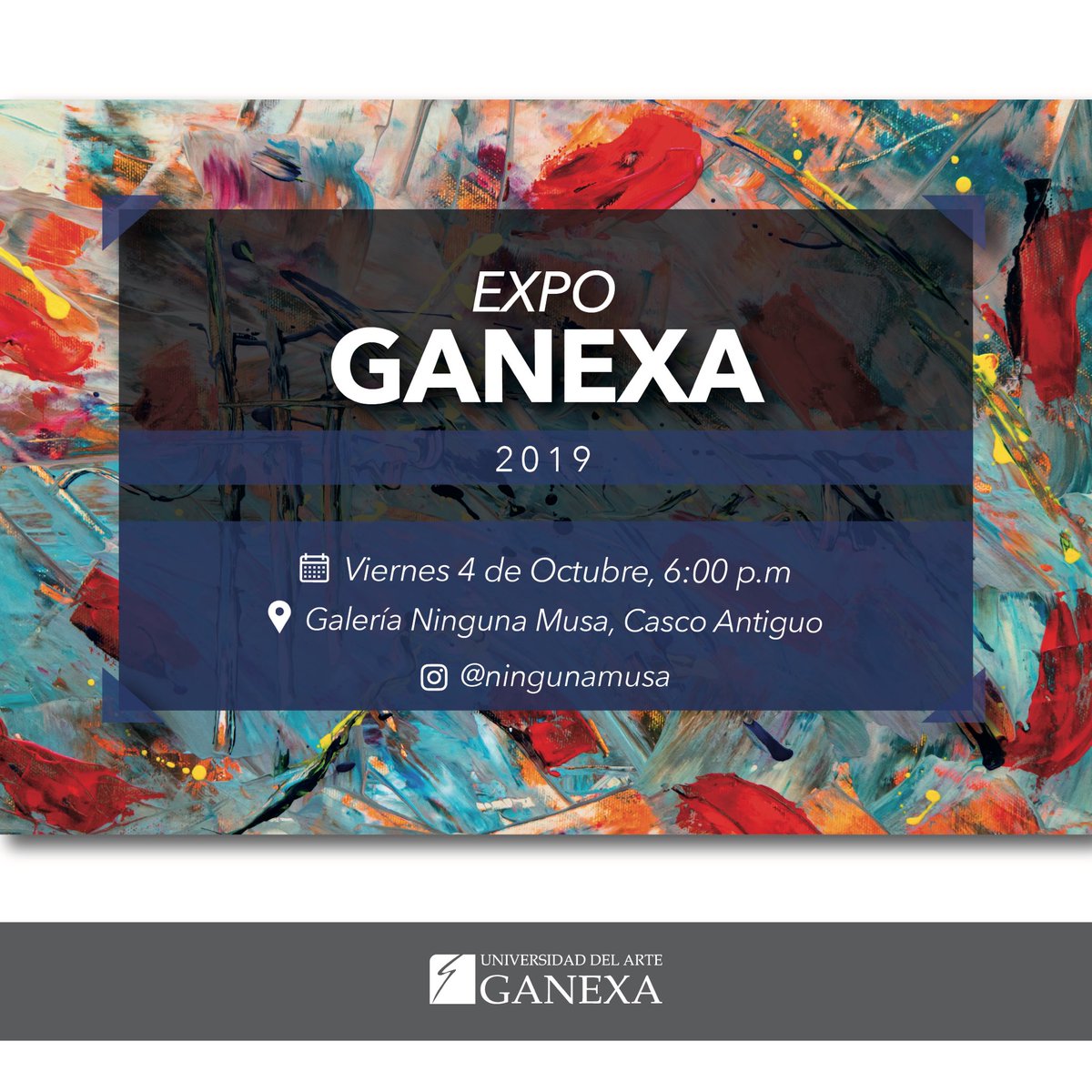 • Expo Ganexa 2019 • el próximo viernes 04 de octubre estaremos presentando la exhibición Expo Ganexa 2019 en los espacios de la galería @ningunamusa. ¡Te esperamos! 
Para mayor información teléfono: (507) 263-3961 / 6598-3423
@ningunamusa / hola@ningunamusa.com