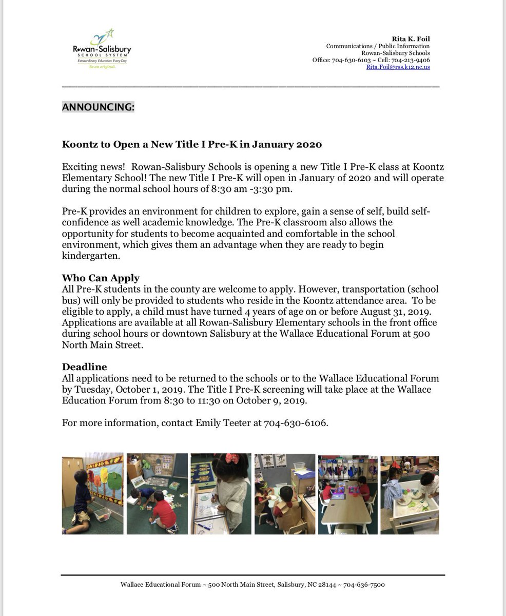 New RSS Title I Pre-K to open in January 2020. All Pre-K students can apply. Call Emily Teeter at 704-630-6160 for more info!  #RSSinspires
