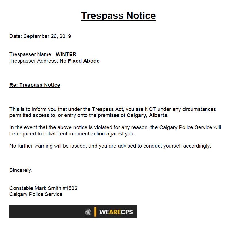 CstSmith's tweet photo. Trespass Notice 🚫

A trespass notice has been served on #winter 🌨️ to stay away from #calgary.

I hope #abstorm will take this notice seriously and stay away from #yyc.

You have been warned ❗️ https://t.co/mRzdB6e1us