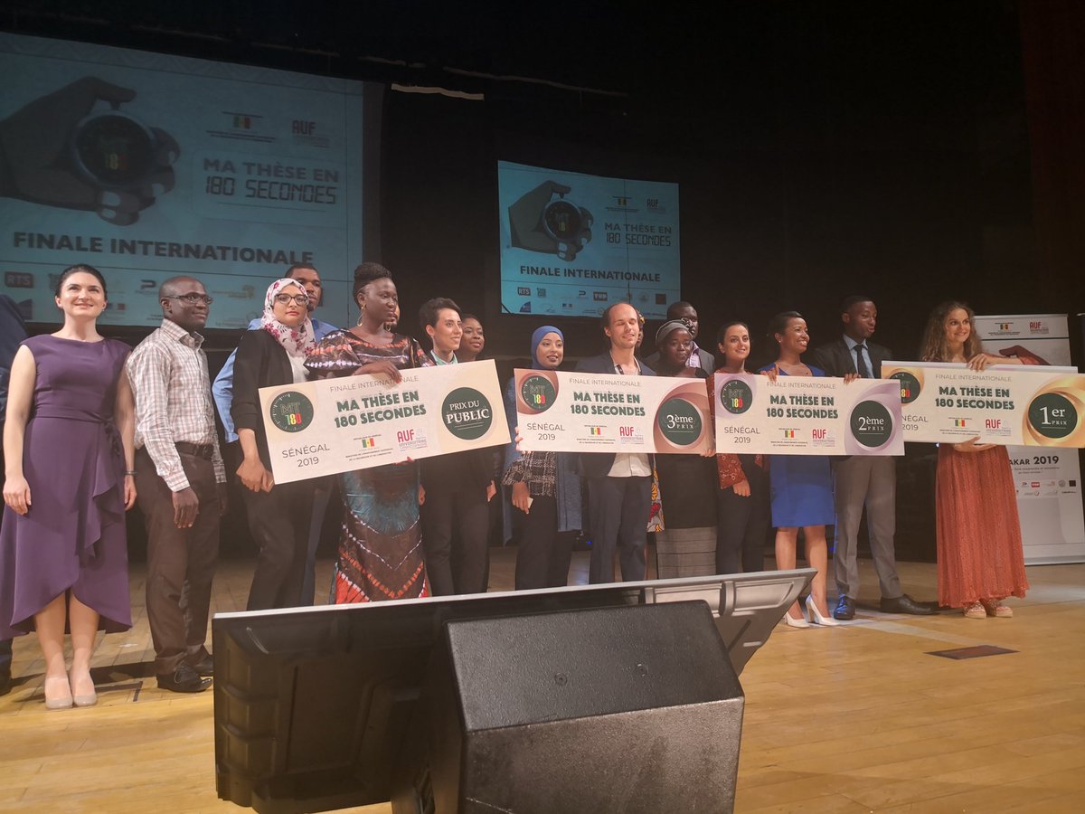 Les grands gagnant.e.s du concours Ma thèse en 180 secondes #MT180⏱️🇸🇳 sont :

1️⃣ Natacha Delrez <a href="/UniversiteLiege/">Université de Liège</a> 🇧🇪 
2️⃣ Tianarilalaina Tantely Andriamampianina <a href="/UnivMahajanga/">UMG</a> 🇲🇬
3️⃣ Tom Mebarki @univamu 🇫🇷
🏆 du public → Catherine Penda Mbaye, Université Alioune Diop de Bambey🇸🇳