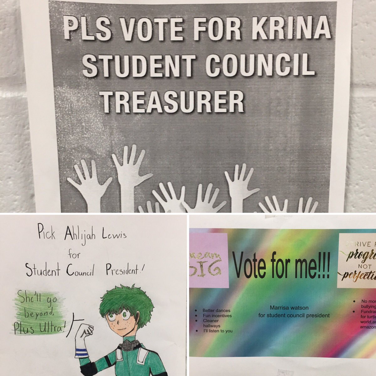 PCMSStudentCou2's tweet photo. 7th and 8th grade took out to campaign too!  Vote for your grade level representatives tomorrow!  (L-R: 7th grade signs &amp; 8th grade signs) @StallworthPCMS @amodiodebbie1 @DrMackzum @PCMSVikingPride https://t.co/lDeEOyeRgz
