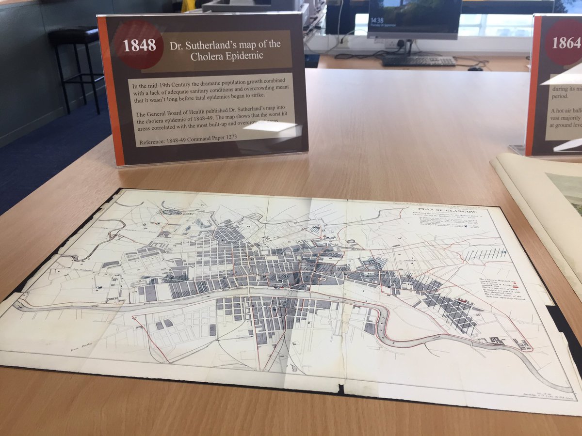 CartoLiz's tweet photo. Jon Snow has nothing on Dr.Sutherland - who mapped The Cholera Epidemic in Glasgow in 1848. Just one of the many treasures discovered touring @uofglibrary 🤓🌎 @UWOSA #gis #maplibrary https://t.co/Aqdim3sjzU