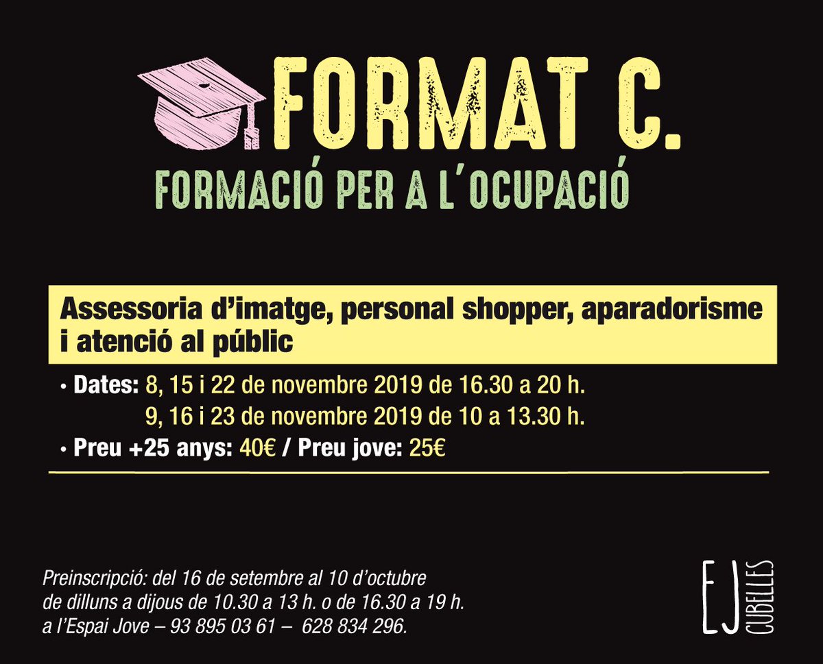 ejcubelles's tweet photo. T'agrada la #moda? Busques #feina de dependent/a però no en trobes? Vols ampliar el teu currículum? T'agradaria provar una nova sortida professional però et fa pal per què tots els cursos són molt cars i de llarga durada? #cubelles #formatc
Aquesta és la teva #formació! https://t.co/polhrsYWOu