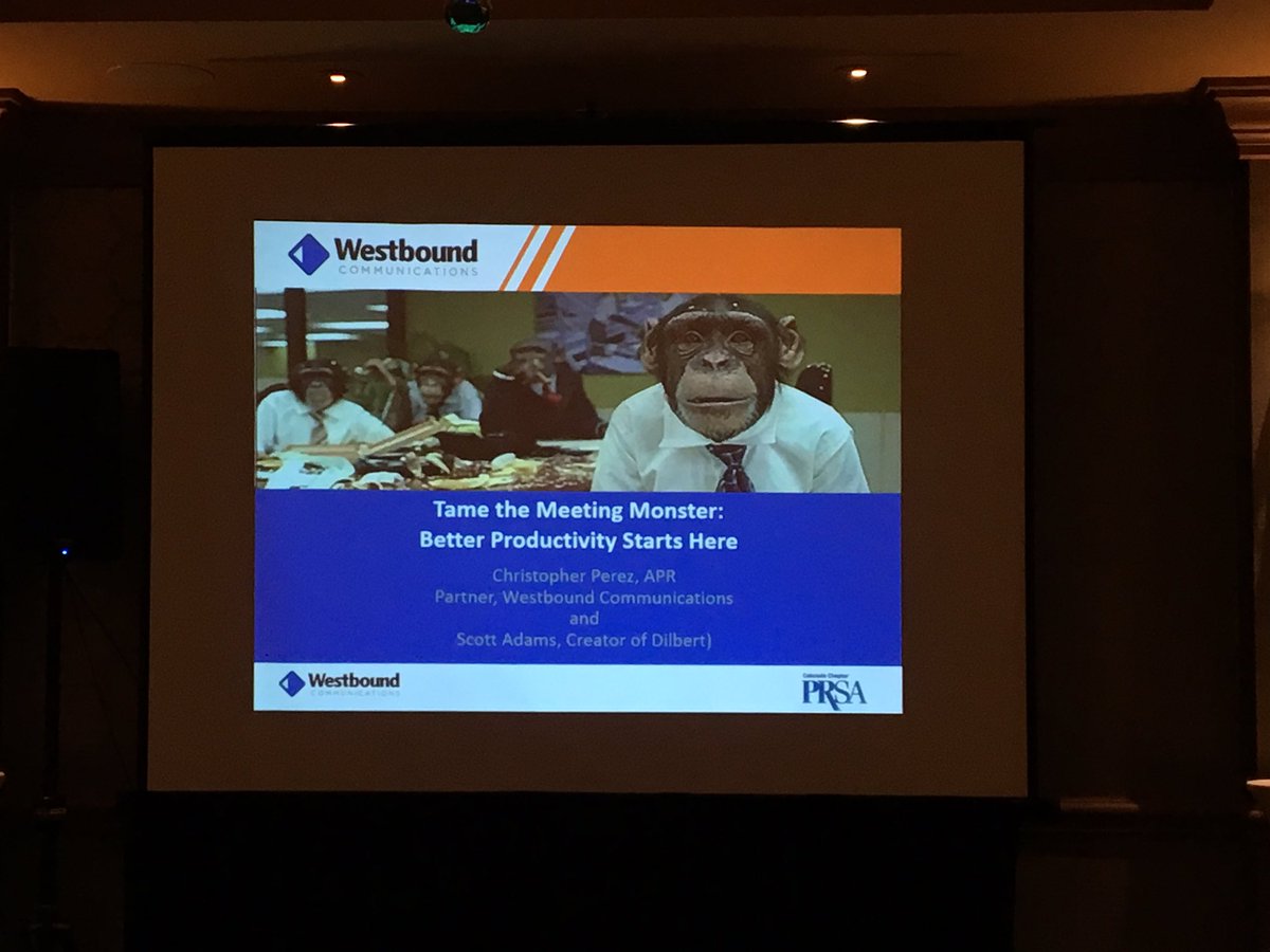 JumelComms's tweet photo. A session on unproductive meetings with us all poking fun at our own bad meeting habits. Thank you for the deep dive, @WestboundTweet’s Chris Perez (also @PRSAWestDist chair)! #PRSASummit #PRSAcolo #PRlife #Dilbert #MeetingMadness https://t.co/1KkOsj5JVf