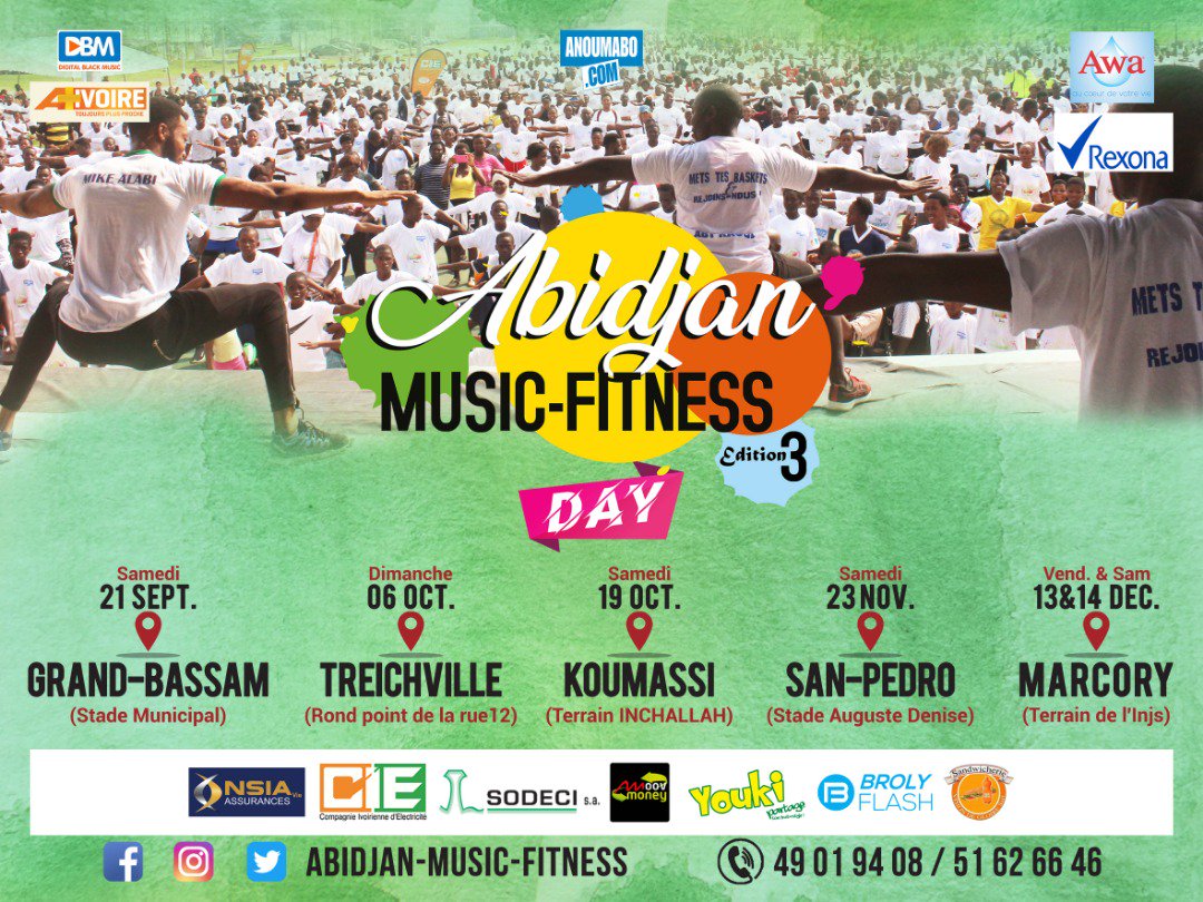 LifeMagazine_CI's tweet photo. [EVENT] Après l'étape de Grand Bassam, Abidjan Music Fitness arrive chez vous !
Venez danser, chanter et faire du sport ce 6 Octobre au Rond Point de la Rue 12 Treichville avec vos artistes préférés et les meilleurs coachs de fitness

On se djô à #TREICH 🇨🇮🏃🔥👟 https://t.co/MIK1ONFGL5
