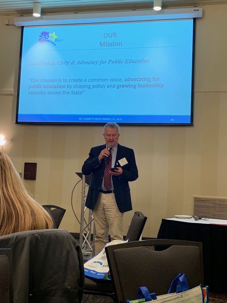DGSDTechDepart's tweet photo. Former ASA President Patrick Mayer discusses the federal education funding future to the Alaska Superintendents. #NorthToTheFuture #acsaasdn https://t.co/RIjMUjz62Y