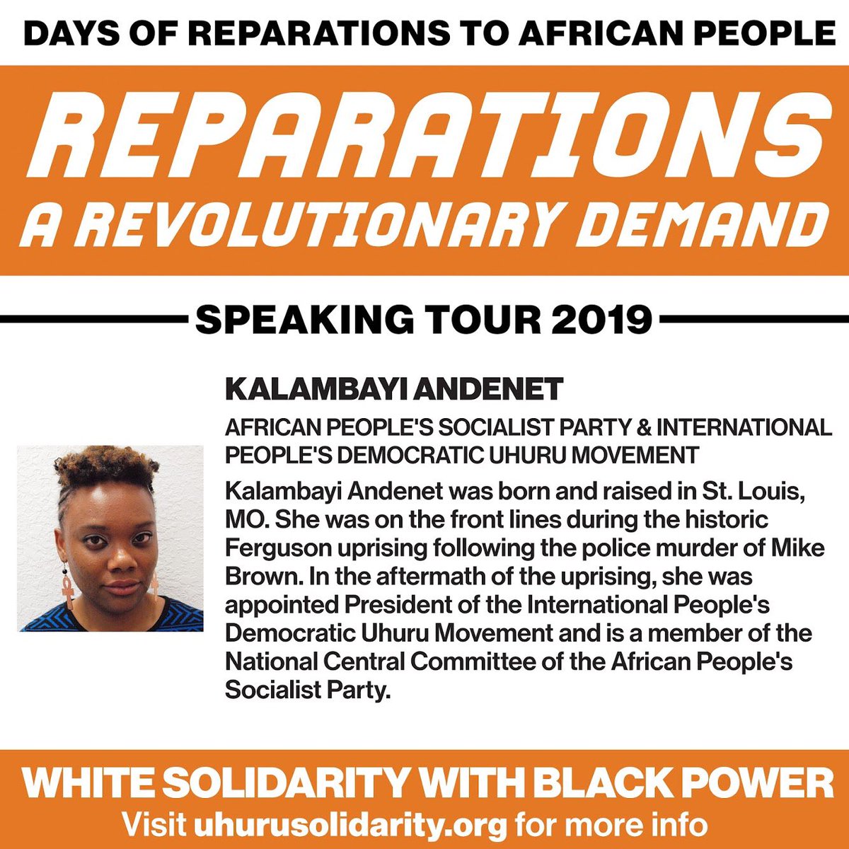 UhuruSolidarity's tweet image. We are thrilled and honored that the keynote speaker for Louisville stop of the #DaysofReparations speaking tour will be Kalambayi Andenet, President of the International Peoples Democratic Uhuru Movement @InPDUM &amp;amp; leading member of the African People Socialist Party @APSPusa