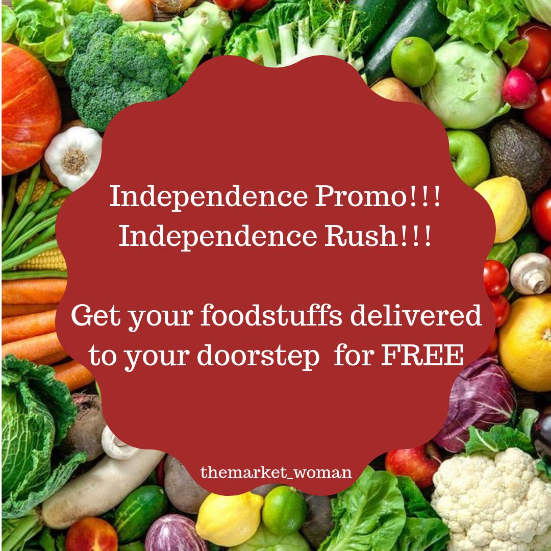 ThemarketW's tweet photo. Yes💃💃 Am sure you are excited😁

Our independence promo starts now, am sure you don't want to miss this offer.

Order and get you foodstuffs delivered to your doorstep for FREE yes, you heard me right, it's for FREE.
T&amp;C applies.
#foodie #food #market #marketplace #marketwoman https://t.co/12Msc0Boa2