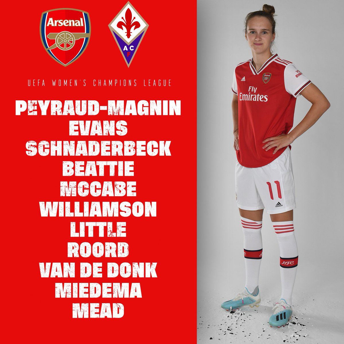 ArsenalWFC's tweet photo. 📝 The teams are in! Here's how we line-up against Fiorentina in the @UWCL tonight... 

There's a place in the last-16 up for grabs 🤩 

#WeAreTheArsenal 🔴 https://t.co/MekEkpqeKU