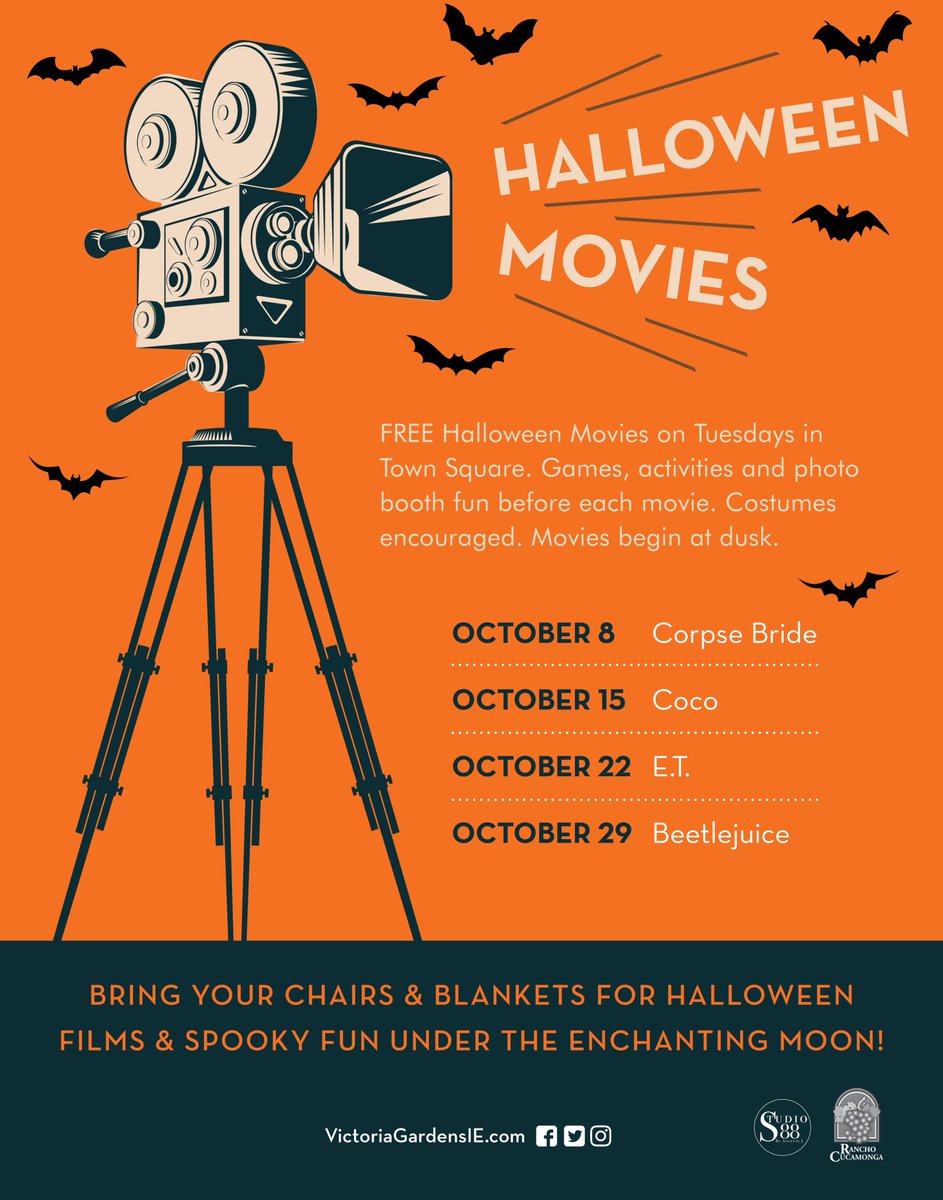 Grab a friend and make it a movie night! 📽️🍿 #halloweenmovies #halloween2019 #HalloweenTime #octobermovies #moviesunderthestars #freemovies #vgvibes #victoriously #victoriagardens #corpsebride #coco #et #beetlejuice