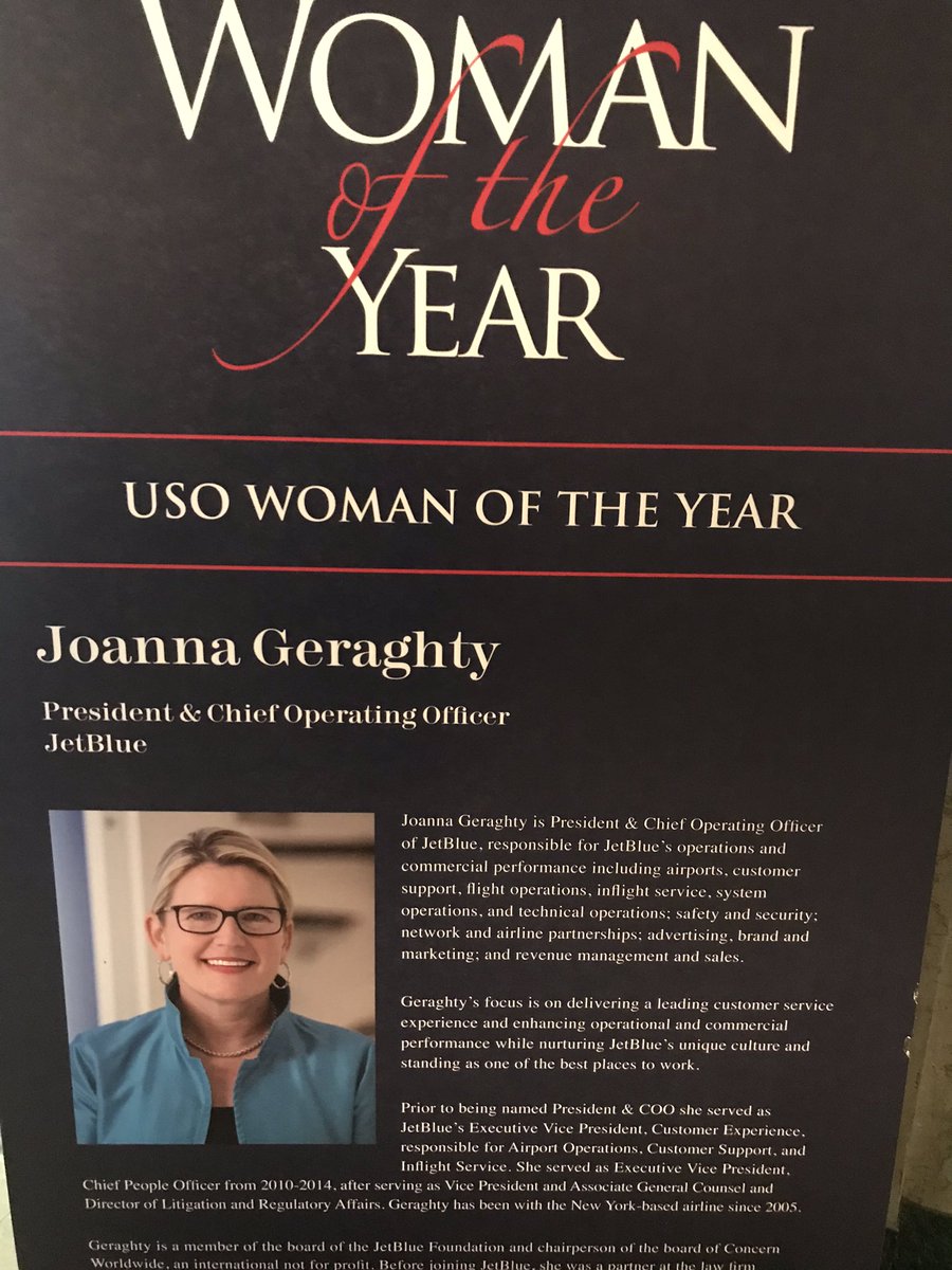 HappilyHarrySp's tweet photo. Honoring USO Woman of the Year, Joanna Geraghty. Very proud. #JB4G #InspiringHumanity #VetsInBlue @jlgeraghty @USOMetroNY @HelloJetBlue @JetBlue https://t.co/6Hg9Fa3neD