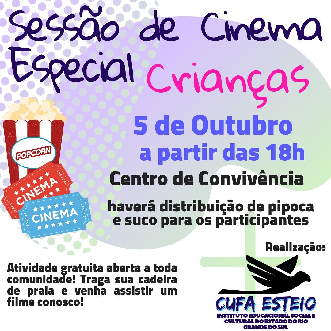 Dia 5 de Outubro vamos transformar nosso centro de convivência em uma gigante sala de cinema para crianças que nunca tiveram oportunidade de assistir algum filme na tela gigante. 🥤🍿😃
