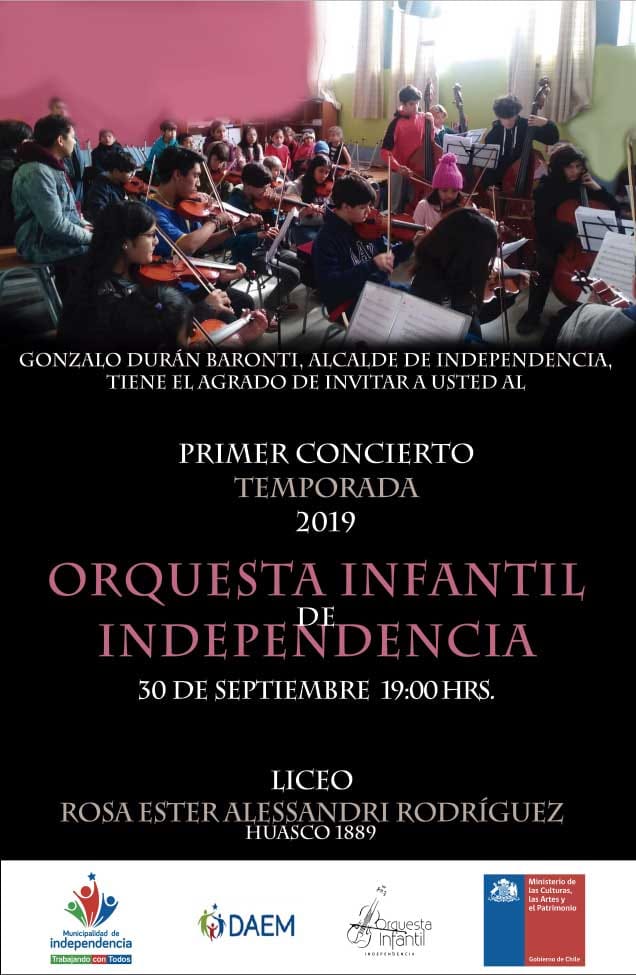 Estimada Comunidad Rearina, quedan cordialmente invitados para disfrutar del Concierto de la Orquesta Infantil de Independencia que se realizará en nuestro establecimiento.