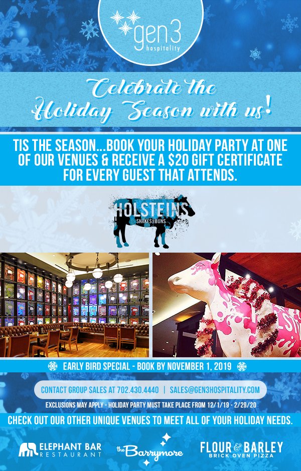 Holsteins Las Vegas (@holsteinslv) on Twitter photo Gather around our table, where there's always a reason to celebrate. Book your holiday party today for Early Bird Special pricing before November 1st! Contact us at sales@gen3hospitality.com Gather around our table, where there's always a reason to celebrate. Book your holiday party today for Early Bird Special pricing before November 1st! Contact us at sales@gen3hospitality.com