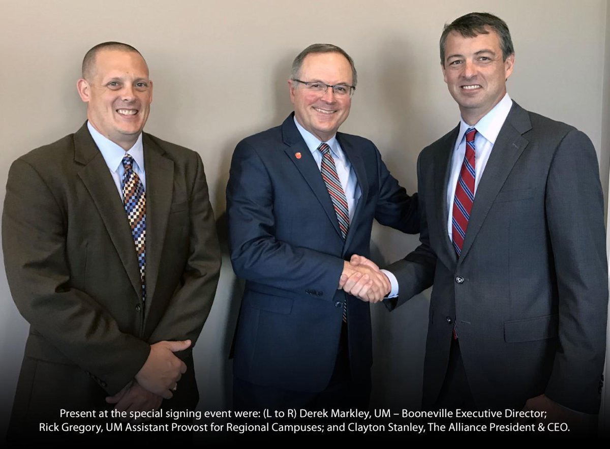 Image left to right: Present at the special signing event were: (L to R) Derek Markley, UM – Booneville Executive Director; Rick Gregory, UM Assistant Provost for Regional Campuses; and Clayton Stanley, The Alliance President & CEO.
