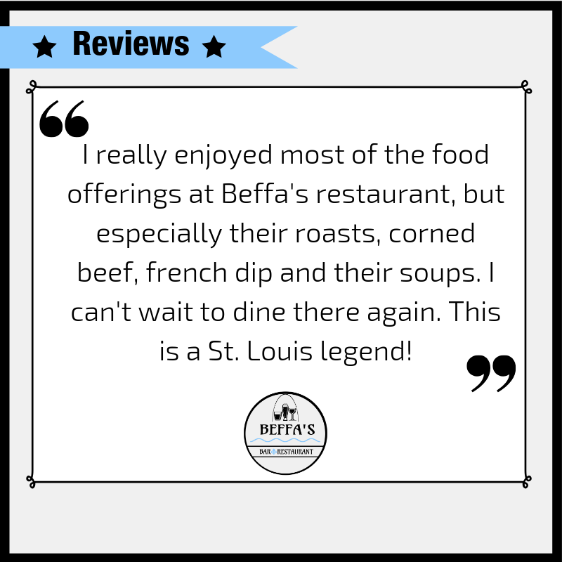 BeffasStl's tweet photo. Thanks for this legendary #review, JoAnn! We're so happy to hear you're excited to come back to #Beffas. #5StarReview https://t.co/ZVsroChm7o