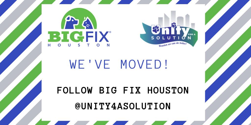 🐾 We've moved! Follow Big Fix Houston at @Unity4ASolution! 🐾

Big Fix Houston is a DBA of Unity for a Solution, a 501(c)(3) nonprofit.  bit.ly/BigFixHouston

#HoustonAnimals #HoustonRescue #Spay #Neuter #Microchip #Unity4Solutions #BigFixHouston #TogetherWeCan #EndTheCycle