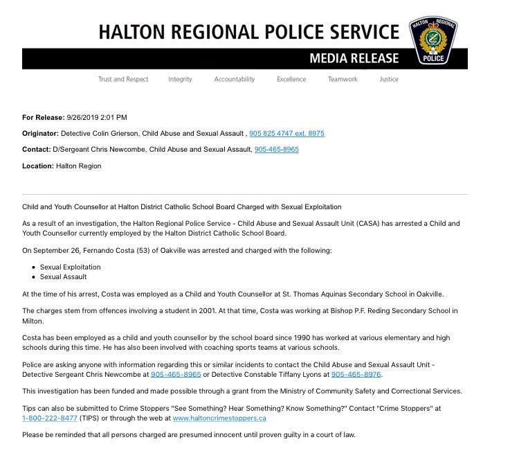 HaltonPolice's tweet photo. Our Child Abuse and Sexual Assault (CASA) Unit has arrested a Child and Youth Counsellor currently employed by the Halton Catholic District School Board.

Fernando Costa (53) of Oakville is charged with Sexual Exploitation and Sexual Assault. 

Additional details attached. ^jh https://t.co/0tUwQmg8Cx