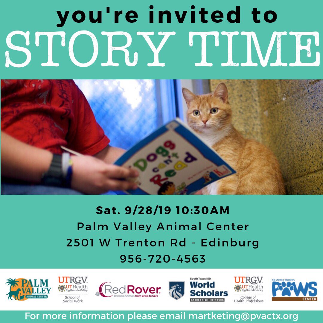 pvastx's tweet image. Join us @pvactx this Saturday at 10:30a for @redroverorg Readers Story Time! 
Email marketing@pvactx.org or call 956-270-4563. #pvactx #lpapaws #rgv #storytime