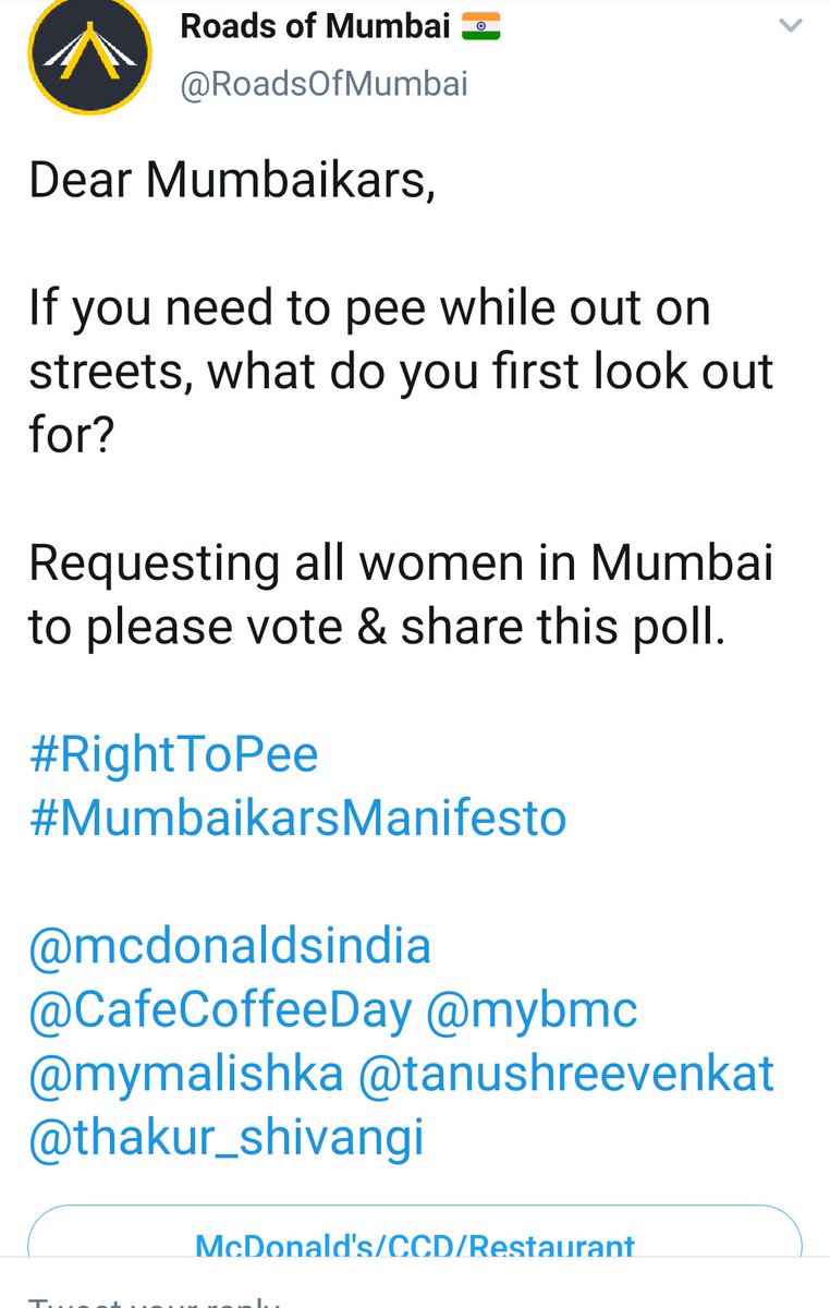 putsala_rao's tweet photo. @RoadsOfMumbai @MenNeedsJustice @mcdonaldsindia @CafeCoffeeDay @mybmc @mymalishka @tanushreevenkat @thakur_shivangi This tweet is twited by @RoadsOfMumbai and saying it is open for both then why talking all women to poll?
#stopgenderdescrimination
#RightToPee
#Mumbaikarmenifesto
#feminismismisandry
#FeminismIsCancer
@BJP4India
@INCIndia
@TOIIndiaNews
@indiatimes
@BBCWorld
@UNICEF
@UN https://t.co/64ShiLSKor