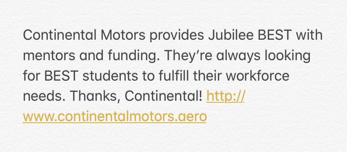 jubileebest's tweet photo. Thanks, Continental Motors! #JubileeBEST2019 #BESTRobotics2019 https://t.co/cZ2LpiUIFt