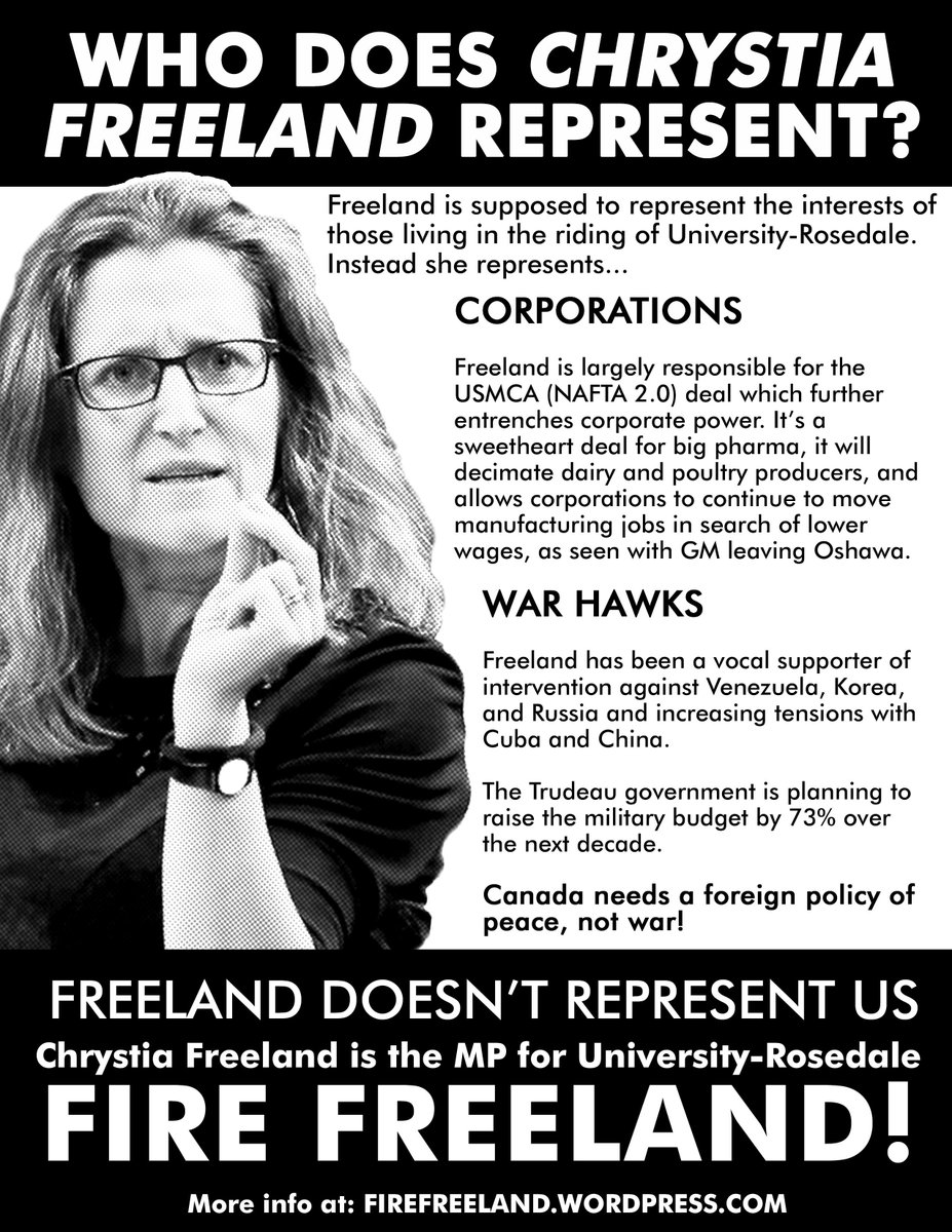 VenSolTO's tweet photo. Chrystia Freeland represents corporations &amp; war hawks! Not the people of #universityrosedale or Canada. #elxn43 #firefreeland https://t.co/rHs2bhPebf https://t.co/wgkCia9CH5