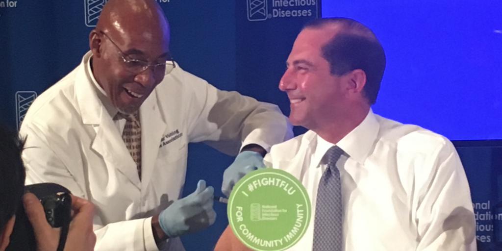 LungAssociation's tweet photo. HHS @SecAzar & former @NFL player @mark_may received #flushots during a press conference this morning emphasizing importance of everyone 6 mo old+ to get vaccinated to protect yourself and your community against this serious illness. #influenza #Ifightflu https://t.co/kwdhozkuIx https://t.co/EGMIDmWbTg