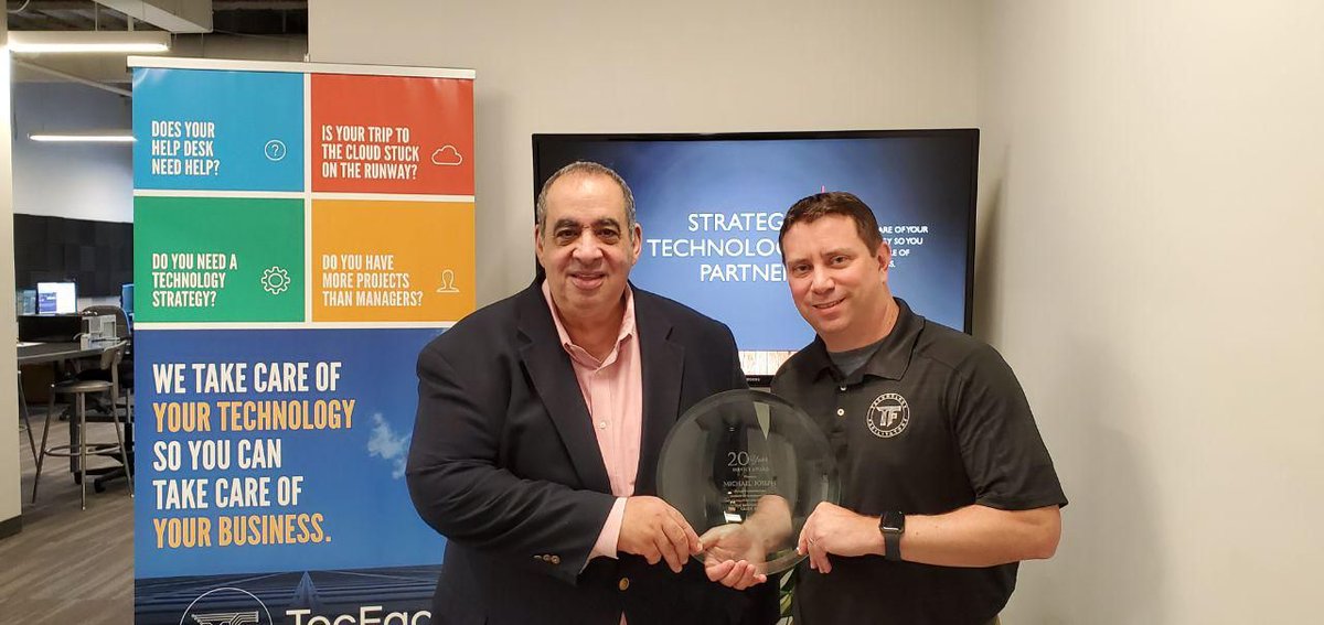 TecFac's tweet photo. TecFac is celebrating two decades with @ms5joseph! A true innovator who relentlessly makes #technology work better. 

20 Year Service Award: "In grateful recognition of your invaluable role in creating our brand and improving the lives of our team members and clients." #20years https://t.co/B847ukUPQz
