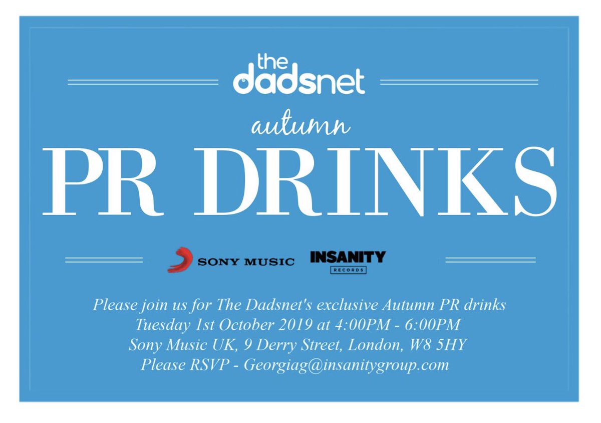 #PRrequest Dadsnet is hosting its Autumn #PR drinks <a href="/SonyMusicUK/">Sony Music UK</a> where you can find out more about #Dadsnet, what we do and how we work with #brands to create or boost their #digital #marketing strategies. RSVP on the invite 💪🏼