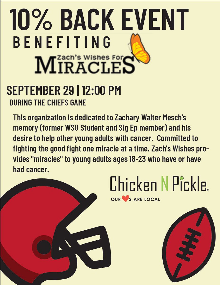 SigEpWichitaSt's tweet photo. Come out to Chicken N Pickle on September 29th at 12:00 PM to support Zach’s Wishes For Miracles! We hope to see all of your friendly faces there! https://t.co/7UWboLIojq