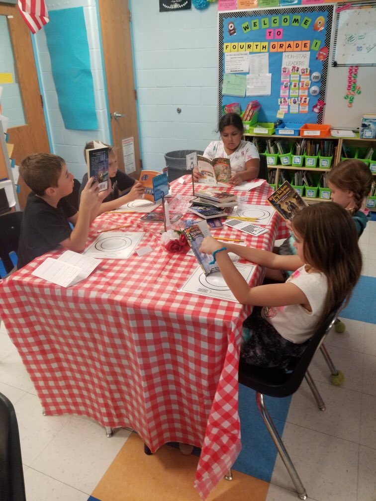 duffieldcsd's tweet photo. Fourth Graders enjoying a different kind of snack today. Today they participated in a book tasting. A fun way to get introduced to different types of books. Which genre was your yummy favorite?📚#connetquotleads https://t.co/LdL6GBbp1s