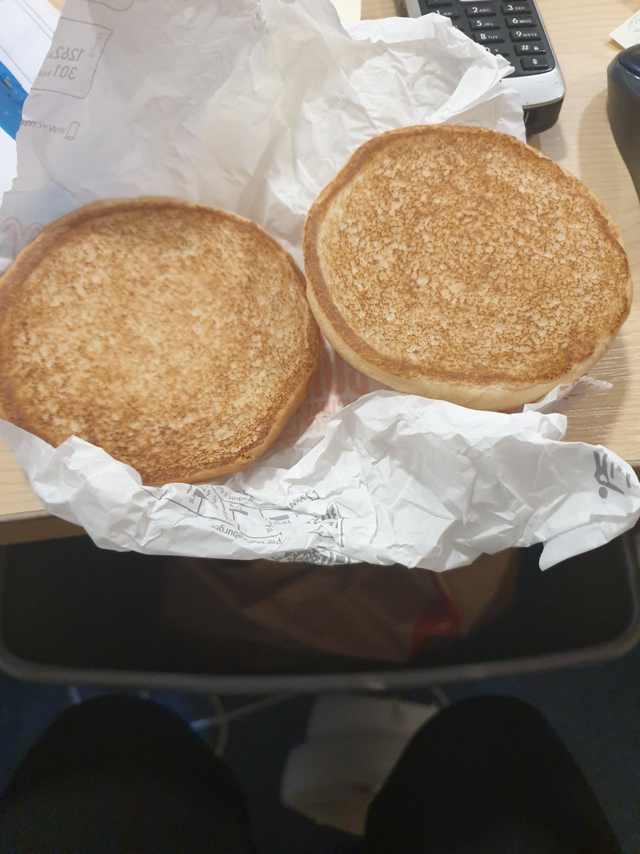 DemButton's tweet image. Nothing like ordering a plain burger from @McDonalds via @ubereats_uk and getting just the 2 buns. Then complaining and receiving 99p.. what kind of service is this. I actually wanted cheese too! 

😐 #wherestheburger 👀