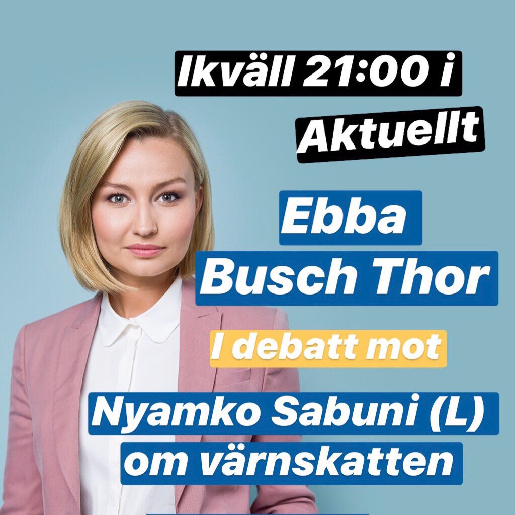 Alldeles strax debatterar jag i Aktuellt om värnskatten mot Nyamko Sabuni. Se det live på SVT 2 kl. 21:00 #svpol 