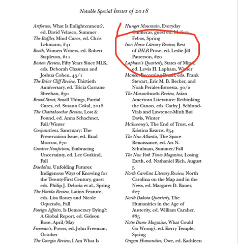 IHLR's tweet photo. Our Best of Prose Issue, 20.1, was listed as a Notable Issue of 2018 in Best American Essays, 2019! #Congrats to all the essayists who appear in the anthology and/or whose work was mentioned as “Notable.” We’re also opening our #Trifecta and #OpenIssue soon! Send us your work! https://t.co/QU9Kyt9789