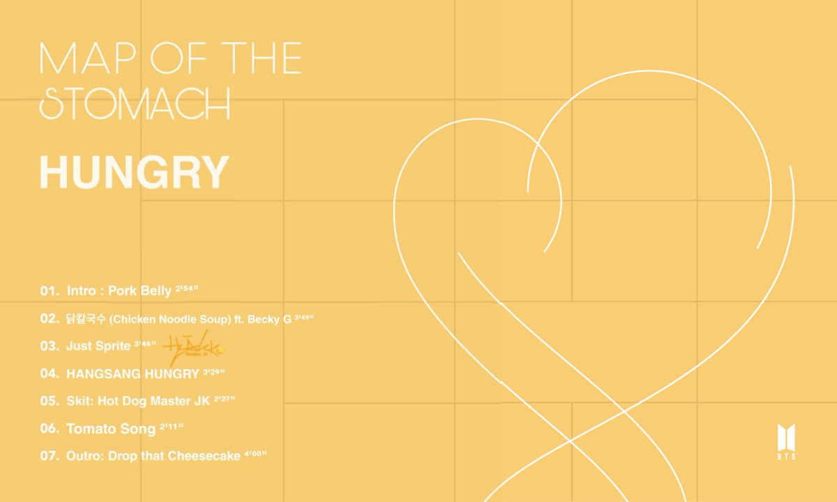 mjinami's tweet image. #BTS #방탄소년단
#MAP_OF_THE_STOMACH_HUNGRY
Tracklist

01. Intro : Pork Belly
02. 닭칼국수 (Chicken Noodle Soup) ft. Becky G
03. Just Sprite
04. HANGSANG HUNGRY
05. Skit: Hot Dog Master JK
06. Tomato Song
07. Outro: Drop that Cheesecake