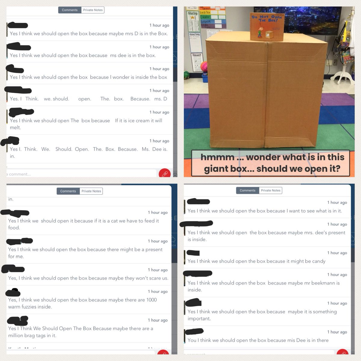 mjvm36's tweet photo. #EPSedenlake #mrsvfirstgraders #inquiry #studentvoice #curiosity #persuademe @studiowalters @WerlingerTova @rlars7 A large box showed up, we had many questions. Then a book appeared...and our imagination and excitement rose. We took a vote and they backed up their choice. https://t.co/3gJknAy6ON