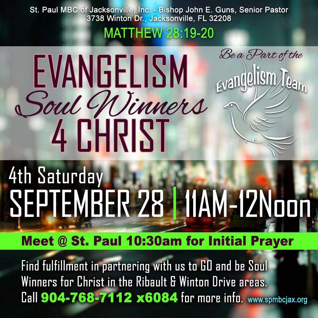 SPMBCJax's tweet photo. St. Paul let's be SOUL WINNERS 4 CHRIST on Sat., Sept. 28 | 1am-12Noon. Meet at the St. Paul Church at 10:30am for an Initial Prayer and then we'll go into our community in the Ribault & Winton Dr. areas. There's fulfillment in the Word - Matt. 28:19-20. #SPMBCJax #Evangelism https://t.co/cCQlLdTD0I