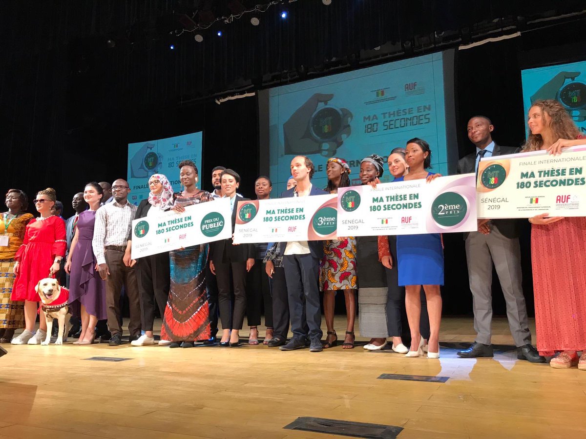 Un grand bravo à l’ensemble des candidat.e.s du concours #MT180⏱️ et aux lauréat.e.s 👏

🥇Natacha Delrez <a href="/UniversiteLiege/">Université de Liège</a> <a href="/MT180_be/">MT180 Belgique</a> 🇧🇪 
🥈Tianarilalaina Tantely Andriamampianina <a href="/UnivMahajanga/">UMG</a> 🇲🇬
🥉Tom Mebarki @univamu 🇫🇷
🏅public : Catherine Penda Mbaye <a href="/These180/">Ma Thèse en 180 Secondes - 2019 Sénégal</a> <a href="/auf_org/">AUF</a> 🇸🇳