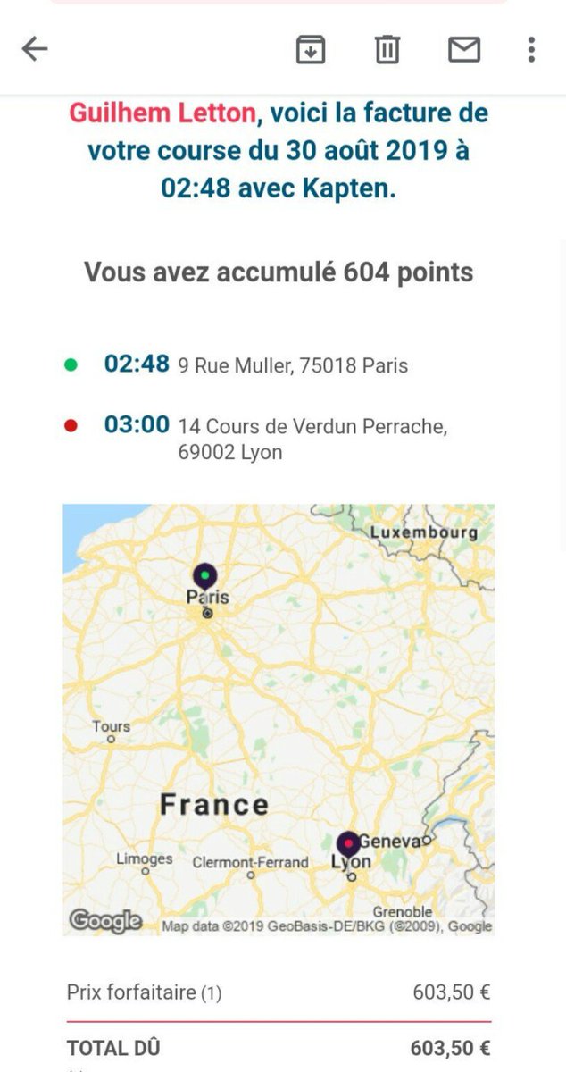 frenchtaxi's tweet photo. @C_A_Lott @john48896 @Kapten A #Kapten customer with hacked account was debited € 603,50 on August 30th 2019 for a 12 minutes ride from Paris to...Lyon ! (+ - 500 km) 😂🚗🚮
#DeleteKapten #PHVs #RoadSafety https://t.co/ksACQEt8X2