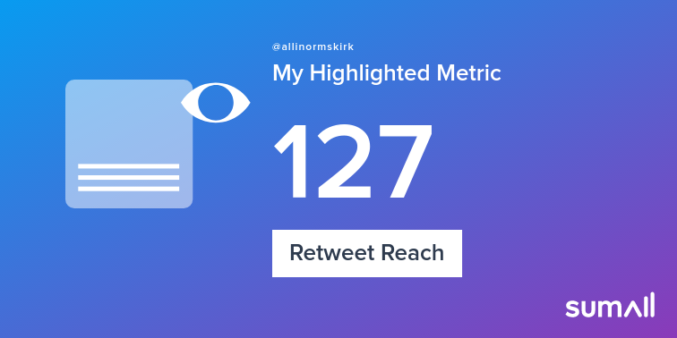 My week on Twitter 🎉: 1 Mention, 1 Retweet, 127 Retweet Reach, 3 New Followers. See yours with sumall.com/performancetwe…
