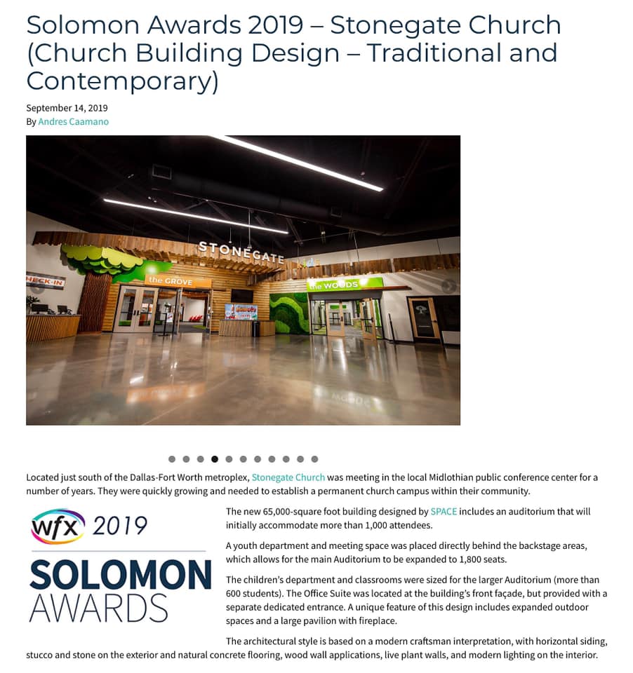 _SPACE__Design_'s tweet photo. Have you had the chance to check out the official press release for our 2019 WFX Solomon Award for Stonegate Church?! Click the link below for project insight and a fun slideshow showcasing this gorgeous building!

https://t.co/rEr2HDGu9D

#SPACEArchitecture @WFX @WrshpFacilities https://t.co/1OK2qJjYwz